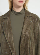Lysse Emory Vegan Suede Moto Jacket in Woodland Snake, close-up of the moto collar and zip