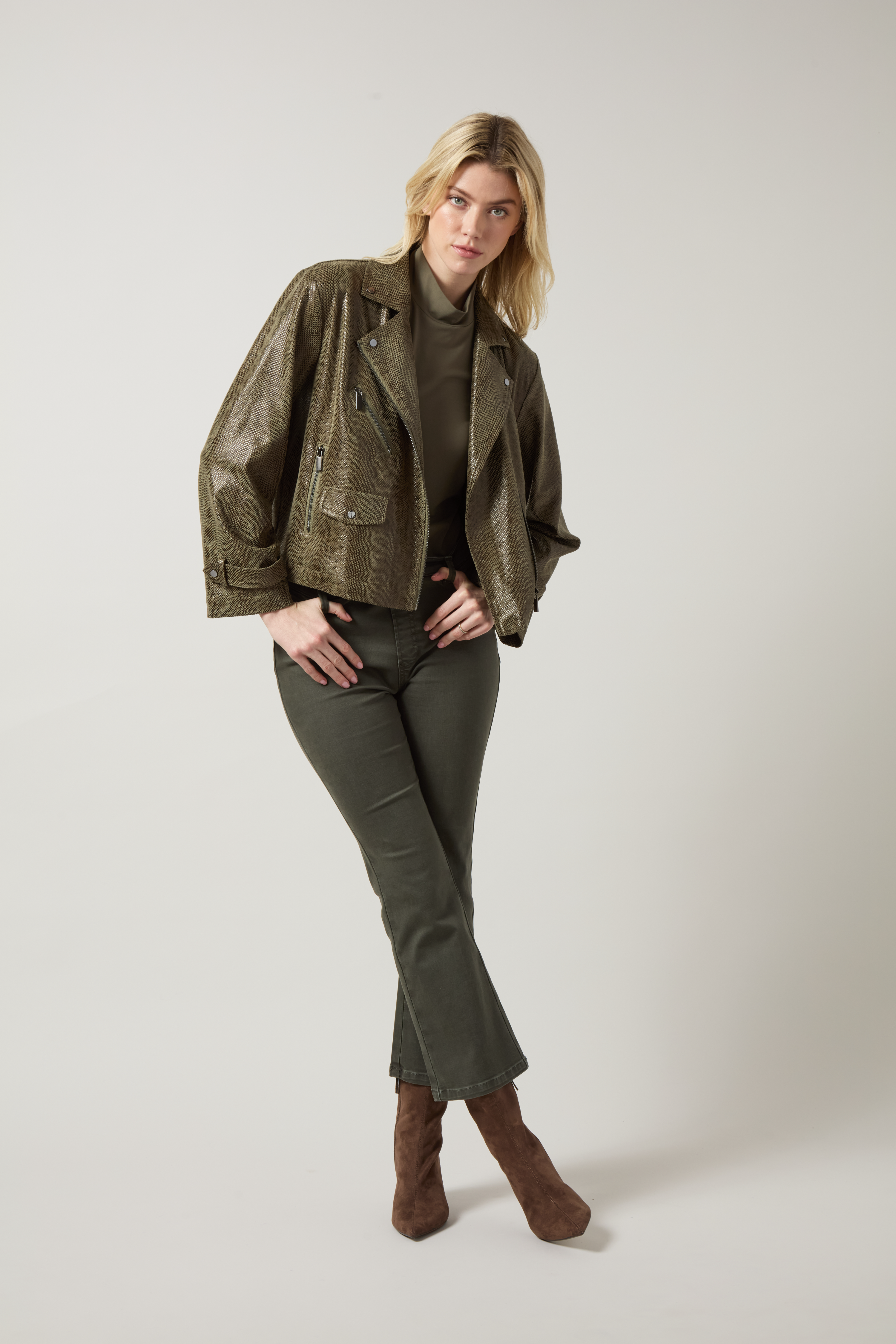 Lysse Emory Vegan Suede Moto Jacket in Woodland Snake, styled full length with olive pants