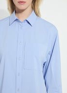 Lysse Enid Oversized Cropped Shirt in Forget Me Not Blue, close-up of the collar and chest pocket