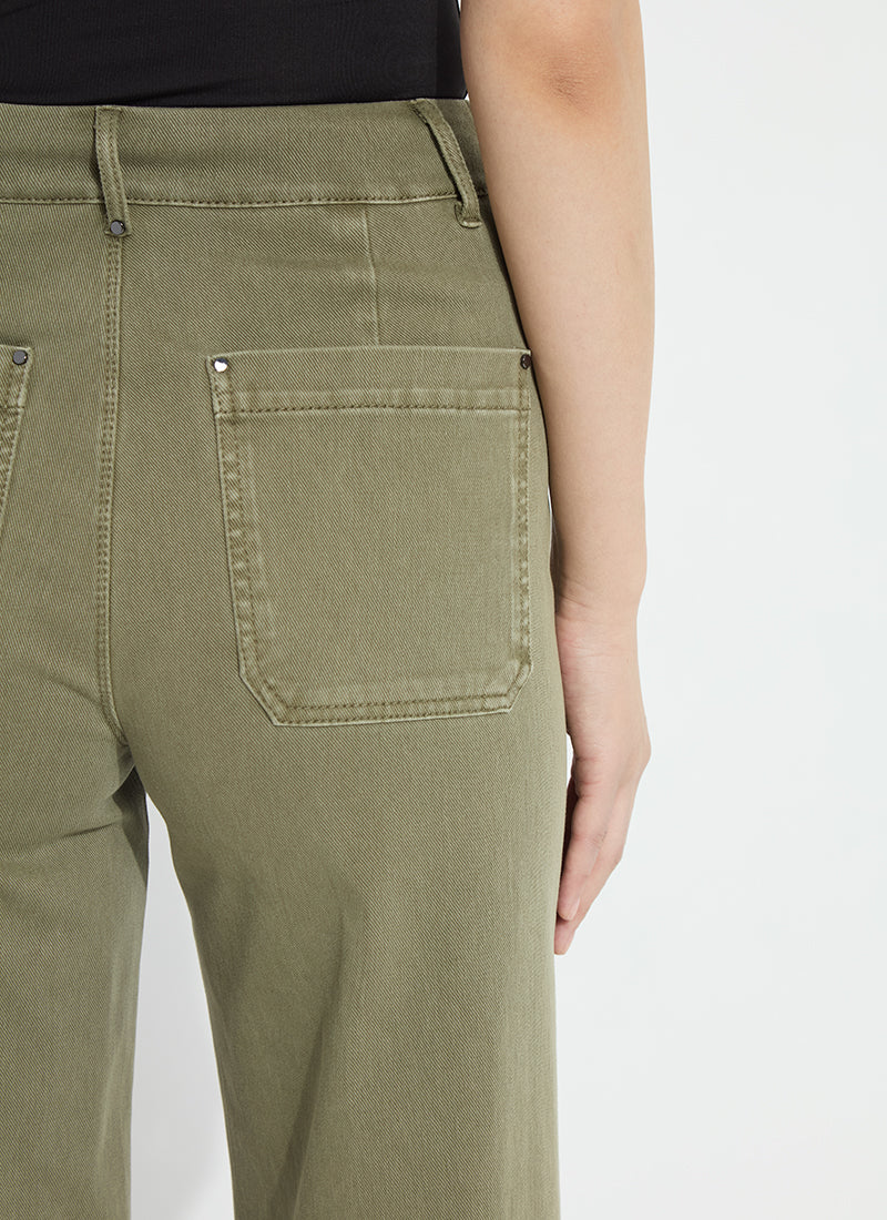 Lysse Erin Hi Waist Wide Leg Denim in Antique Wash Smoked Green, close-up of the back pocket