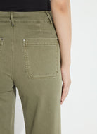 Lysse Erin Hi Waist Wide Leg Denim in Antique Wash Smoked Green, close-up of the back pocket