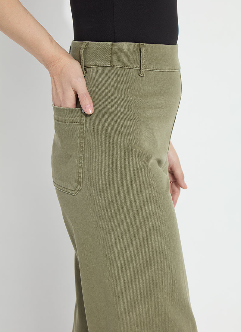 Lysse Erin Hi Waist Wide Leg Denim in Antique Wash Smoked Green, close-up of the front patch pocket