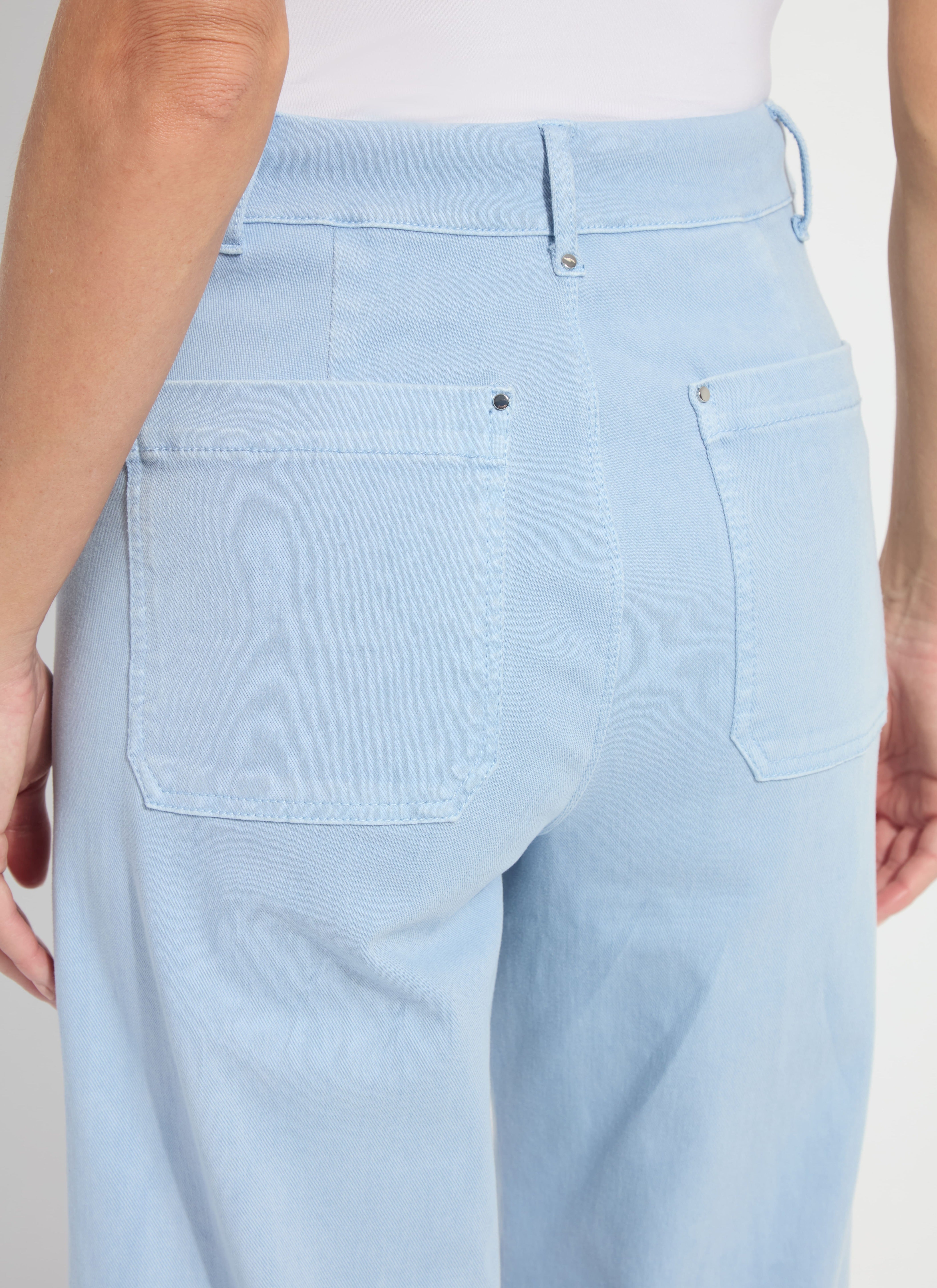 Back view of the Lysse Erin hi waist wide leg denim in antique wash chalk blue