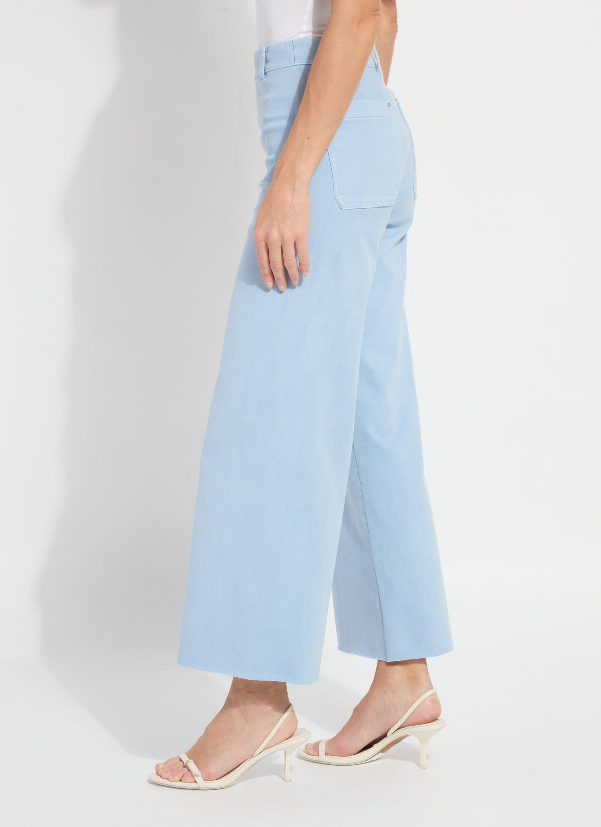 Lysse Erin hi waist wide leg denim in antique wash chalk blue, front view