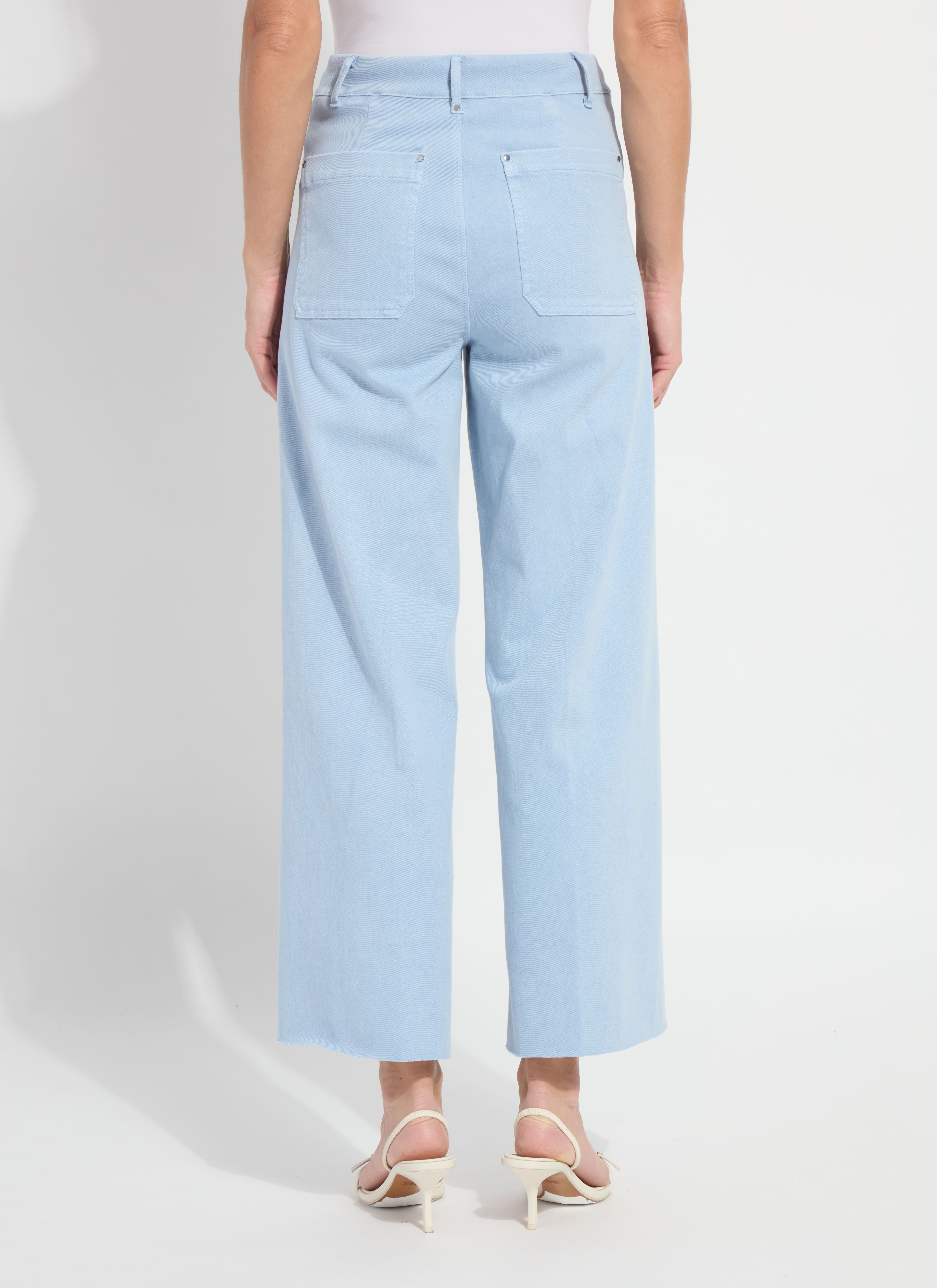 Side view of the Lysse Erin hi waist wide leg denim in antique wash chalk blue