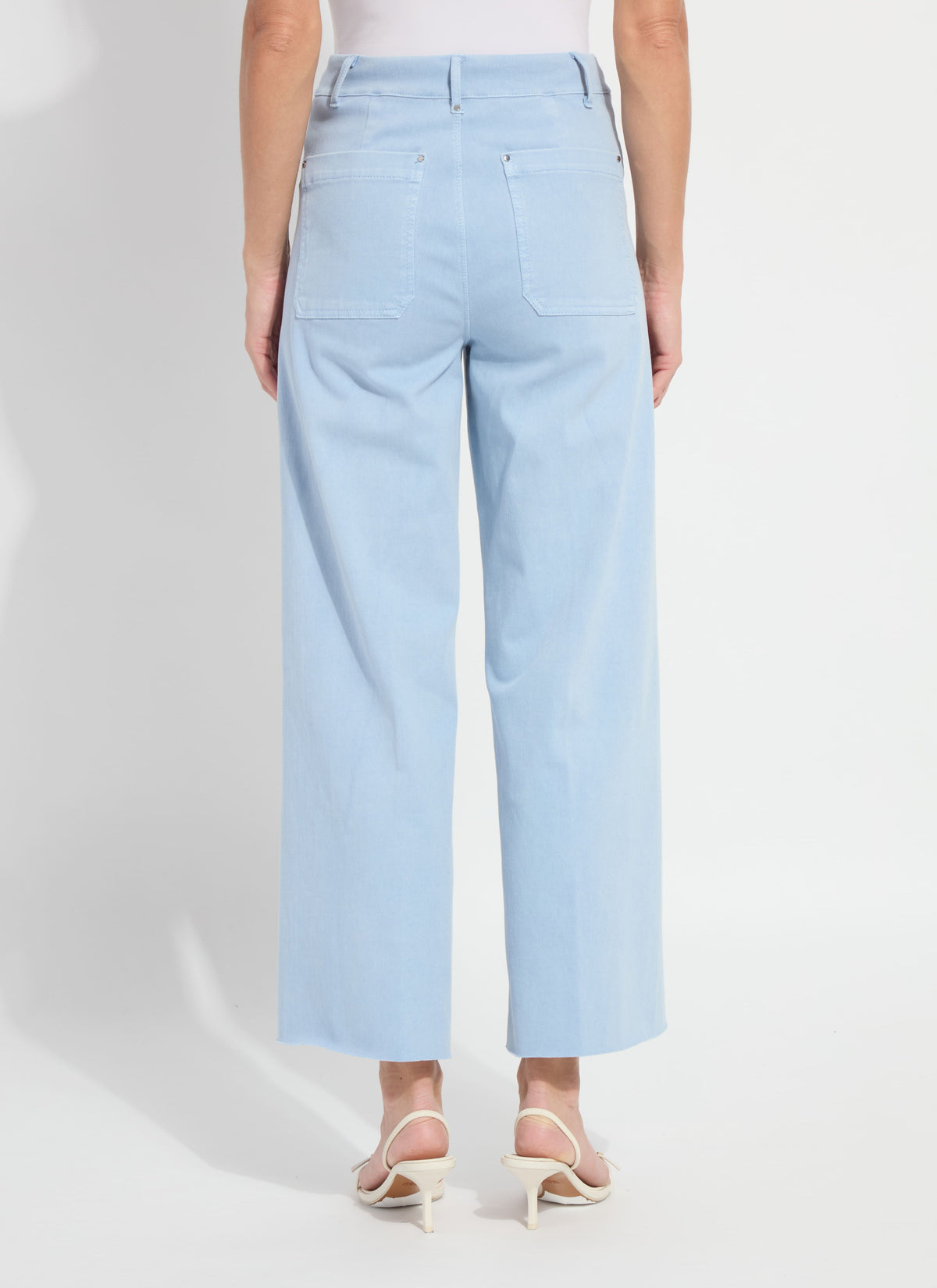 Side view of the Lysse Erin hi waist wide leg denim in antique wash chalk blue