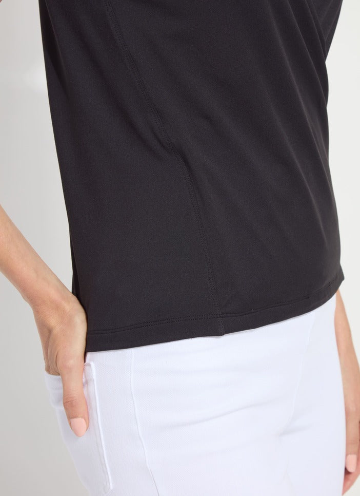 Close-up of the black eco jersey on the Lysse Inaya top