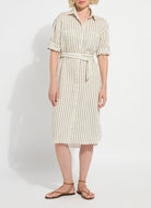 Back view of the Lysse Juniper linen tunic shirt dress in olive grove stripe