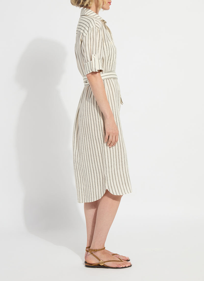 Detail view of the Lysse Juniper linen tunic shirt dress in olive grove stripe