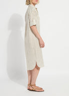Lysse Juniper linen tunic shirt dress in olive grove stripe, alternate view