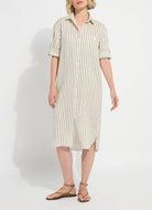 Lysse Juniper linen tunic shirt dress in olive grove stripe, front view
