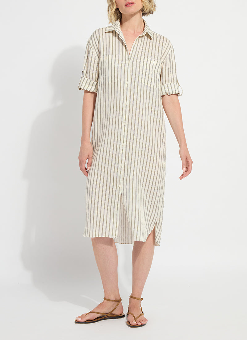 Lysse Juniper linen tunic shirt dress in olive grove stripe, front view
