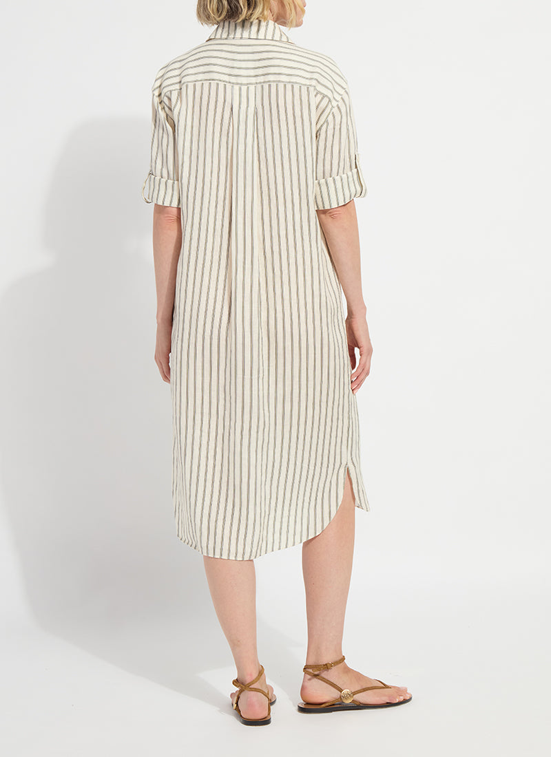 Side view of the Lysse Juniper linen tunic shirt dress in olive grove stripe
