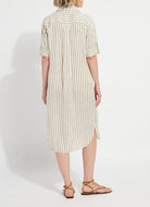 Side view of the Lysse Juniper linen tunic shirt dress in olive grove stripe