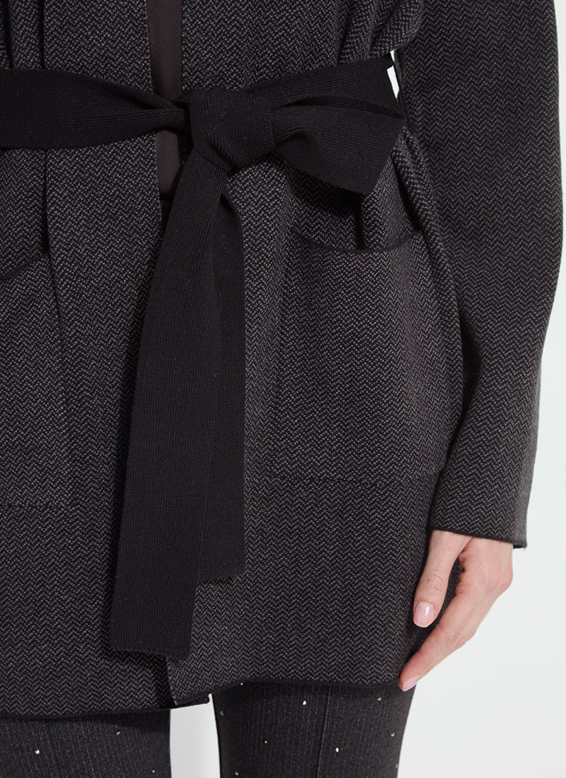 Lysse Laila Double Faced Belted Cardigan in Black Grey Melange, close-up of the tie belt