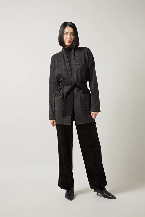 Lysse Laila Double Faced Belted Cardigan in Black Grey Melange, styled full length with black trousers