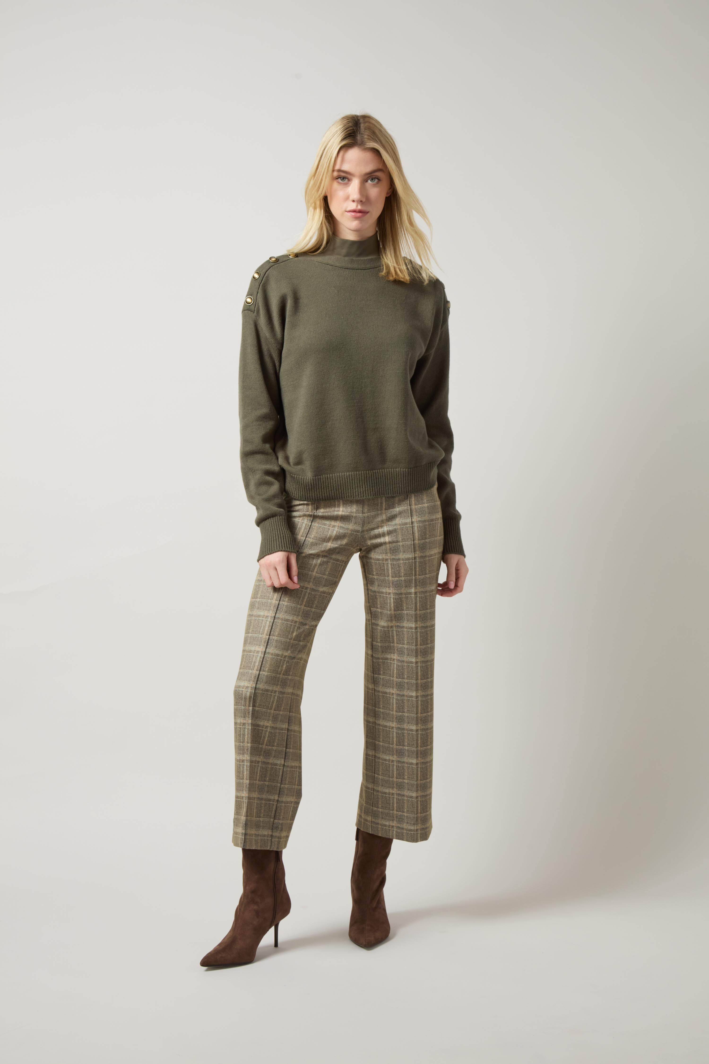 Lysse Livia Crop Pant in Smoked Green Plaid, styled with an olive sweater