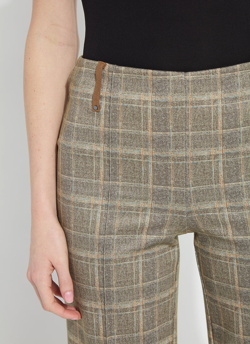 Lysse Livia Crop Pant in Smoked Green Plaid, close-up of the waistband tab detail