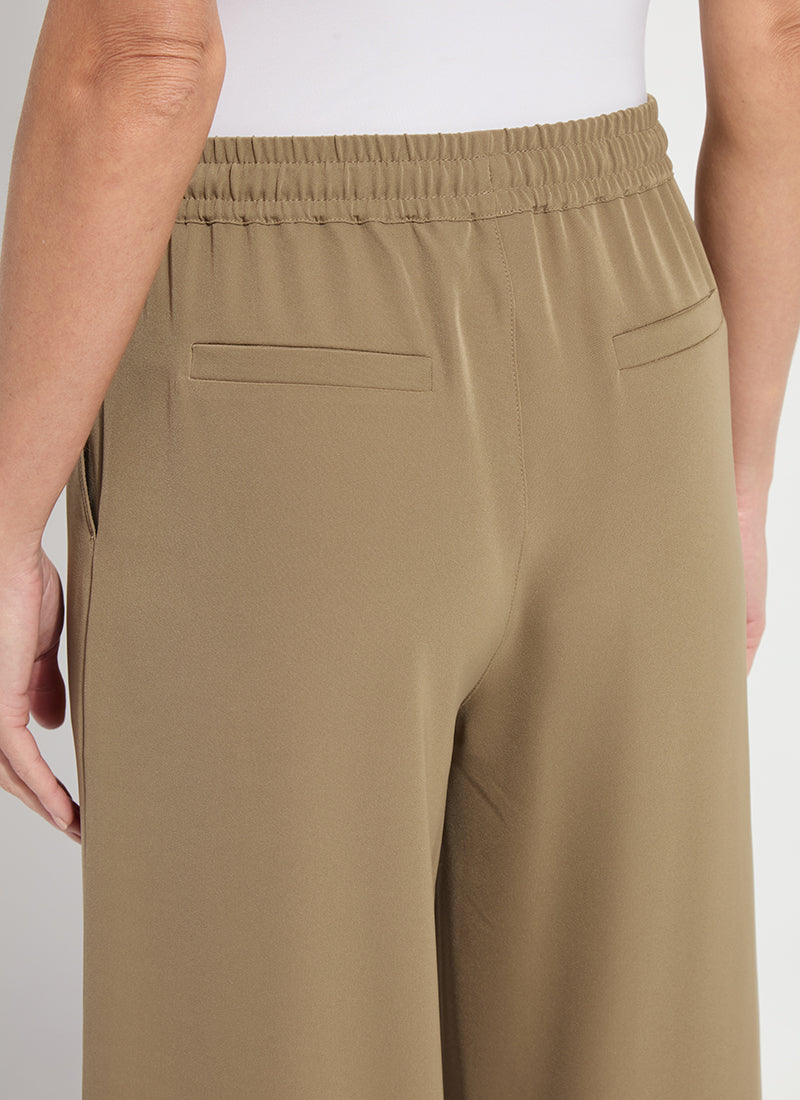 Back view of the Lysse Mae pleated drawstring wide leg pant in olive leaf