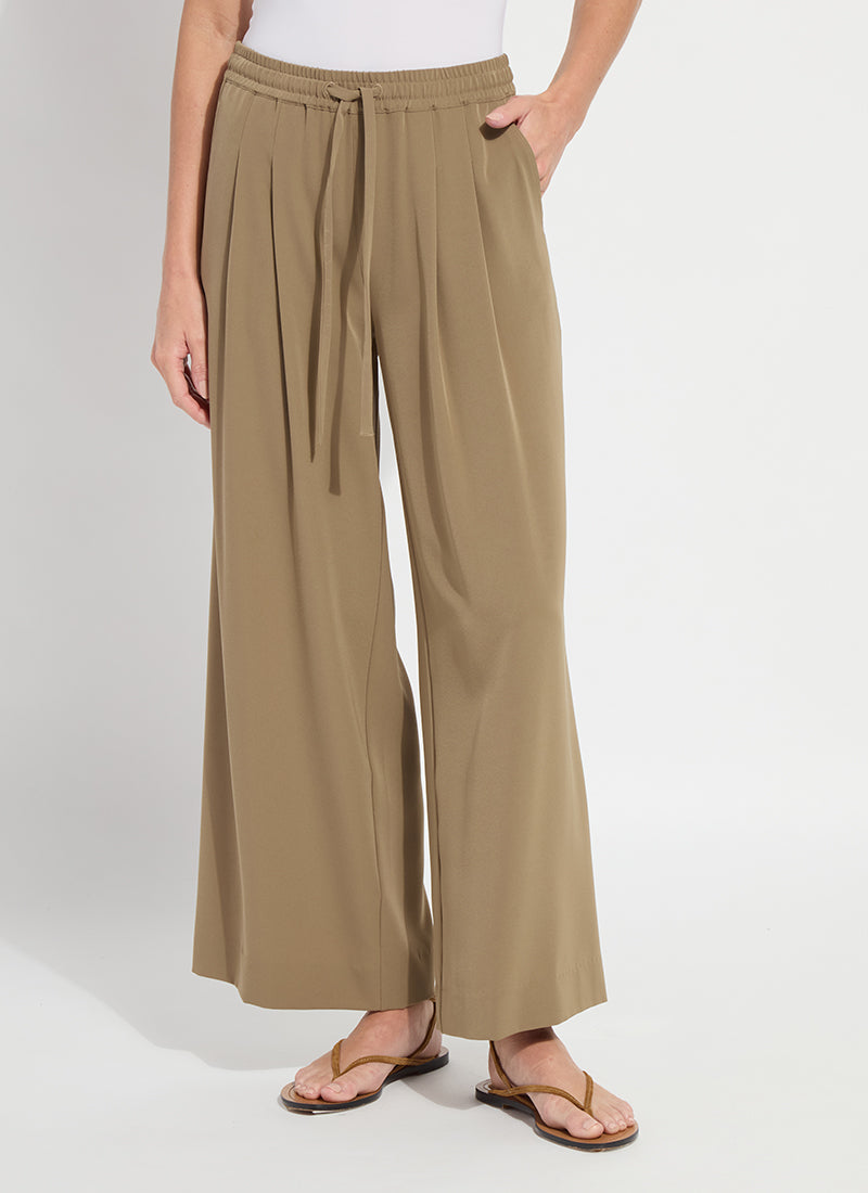 Lysse Mae pleated drawstring wide leg pant in olive leaf, front view