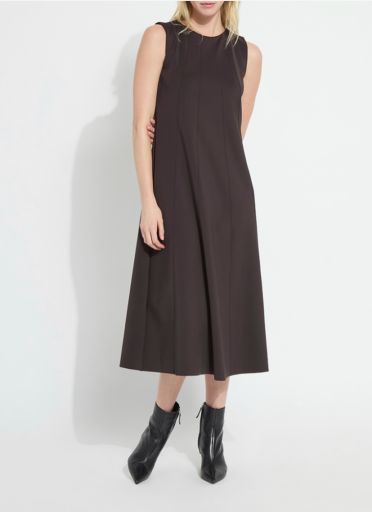 Lysse Maurelle Neoprene Seamed Dress in Double Espresso dark brown, sleeveless crew-neck A-line midi with vertical seams, front view