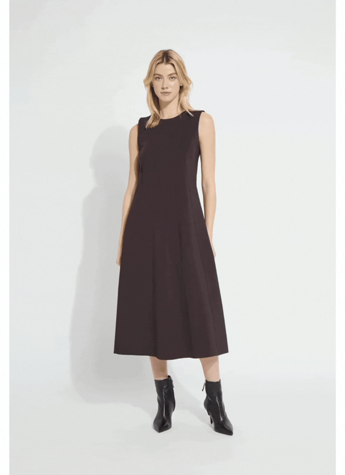Lysse Maurelle Neoprene Seamed Dress in Double Espresso, full-length view with black boots