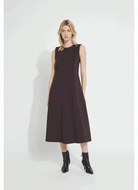 Lysse Maurelle Neoprene Seamed Dress in Double Espresso, full-length view with black boots
