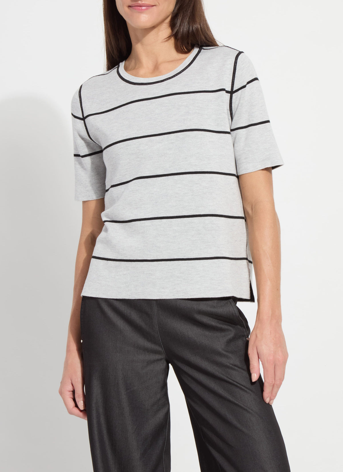 Lysse Odessa reversible knit tee, pearl grey striped side, front view