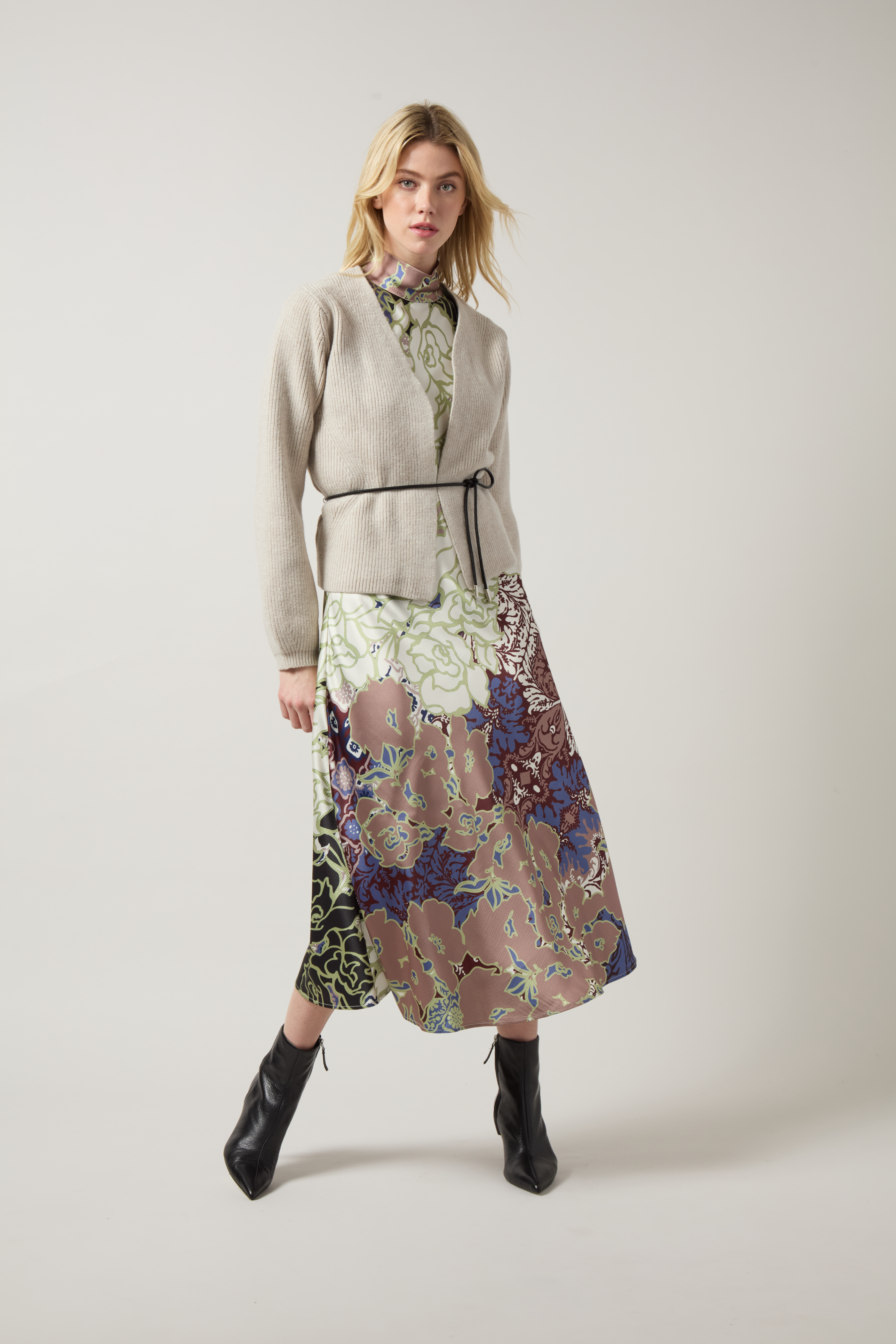Lysse Ravenna Peplum Knitted Cardigan in Refined Taupe, styled with a printed midi skirt