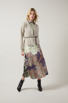 Lysse Ravenna Peplum Knitted Cardigan in Refined Taupe, styled with a printed midi skirt