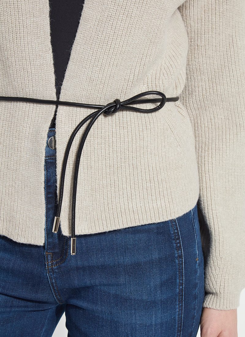 Lysse Ravenna Peplum Knitted Cardigan in Refined Taupe, close-up of the leather tie waist