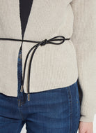 Lysse Ravenna Peplum Knitted Cardigan in Refined Taupe, close-up of the leather tie waist