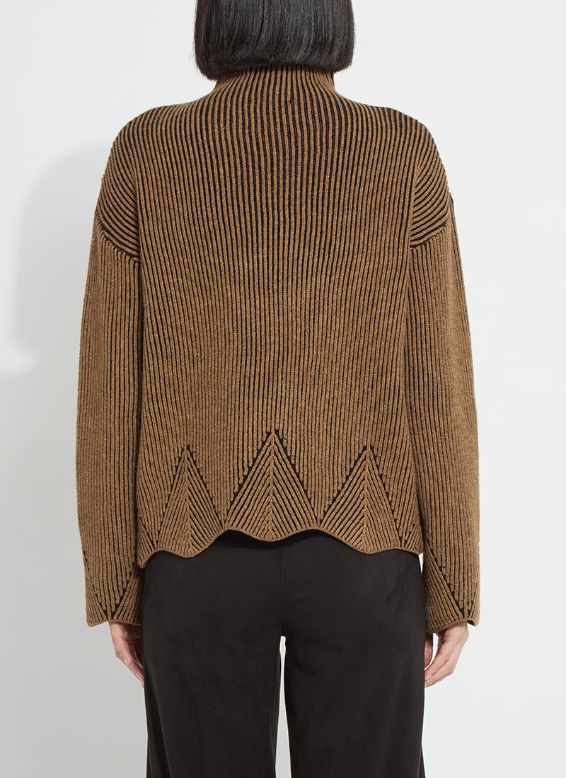 Lysse Rhea Cozy Rib Scallop Edge Pullover in Camel Black, back view