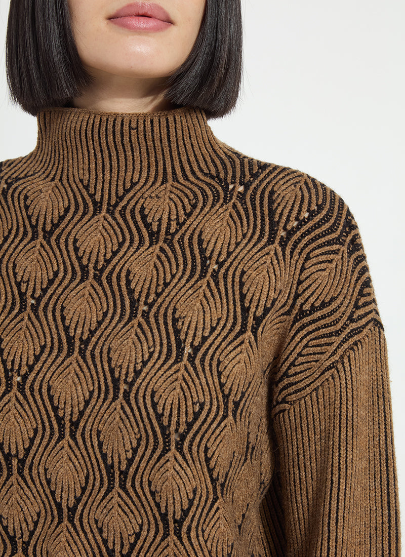 Lysse Rhea Cozy Rib Scallop Edge Pullover in Camel Black, close-up of the textured rib knit