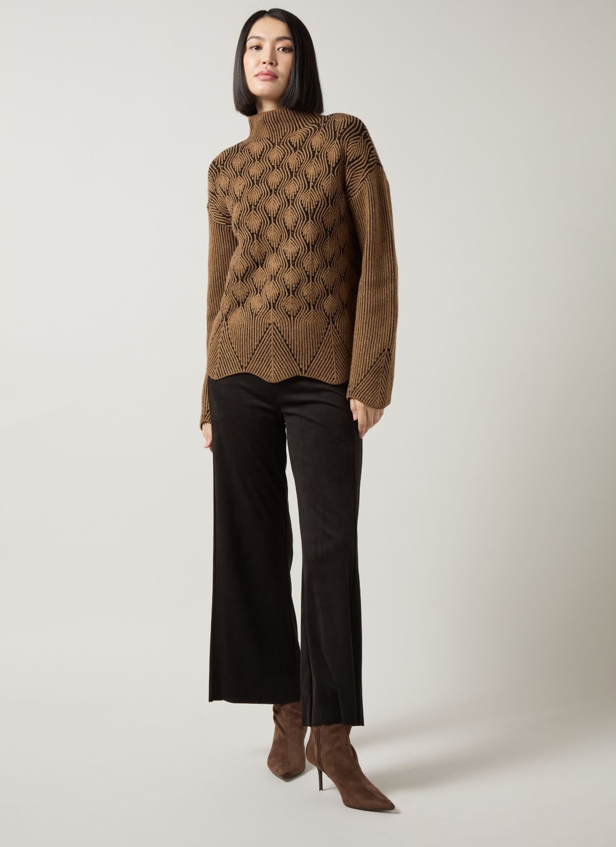 Lysse Rhea Cozy Rib Scallop Edge Pullover in Camel Black, styled full length with black flares