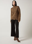 Lysse Rhea Cozy Rib Scallop Edge Pullover in Camel Black, styled full length with black flares