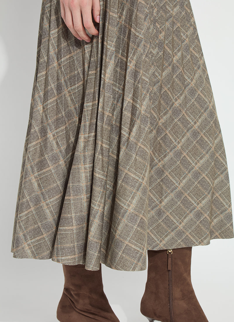 Lysse Sabrina Ponte Pleated Midi Skirt in Smoked Green Plaid, close-up of the pleats