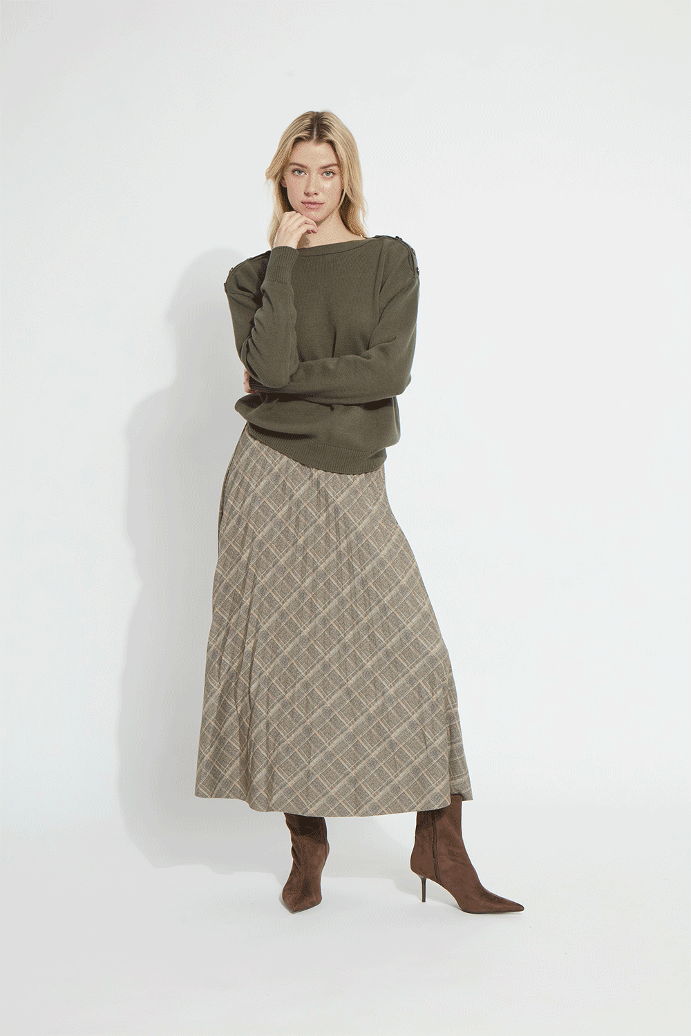 Lysse Sabrina Ponte Pleated Midi Skirt in Smoked Green Plaid, styled with an olive sweater
