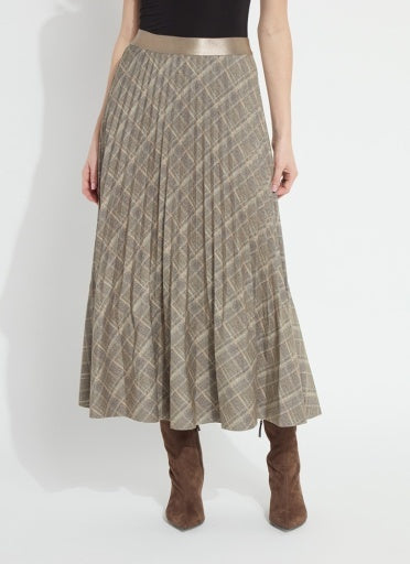 Lysse Sabrina Ponte Pleated Midi Skirt in smoked green plaid with a shiny satin waistband, styled with a black top and brown suede boots