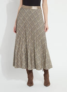 Lysse Sabrina Ponte Pleated Midi Skirt in smoked green plaid with a shiny satin waistband, styled with a black top and brown suede boots