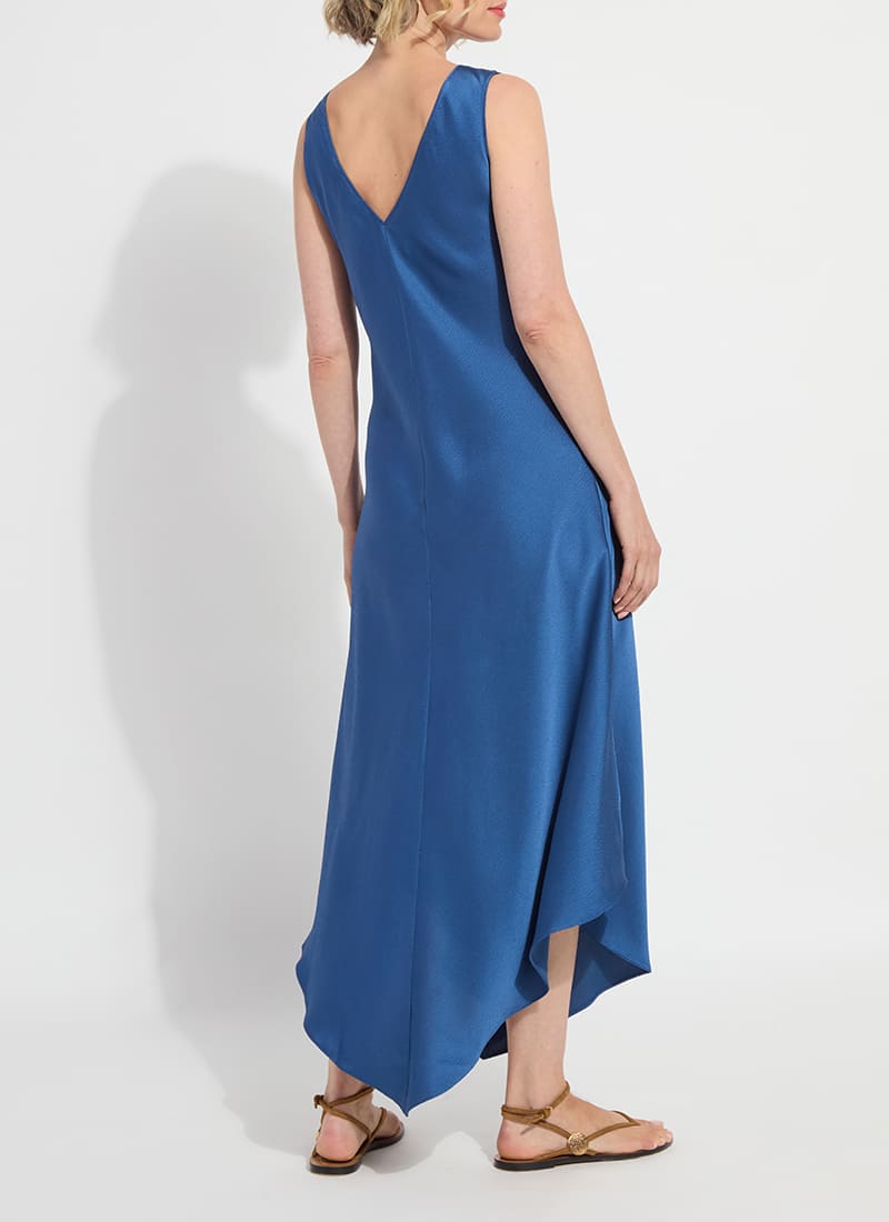 Side view of the Lysse Sakura bias handkerchief dress in Palermo blue