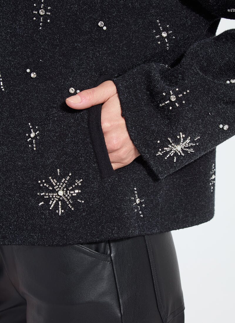 Detail view of the Lysse Scottie embellished jacket in charcoal