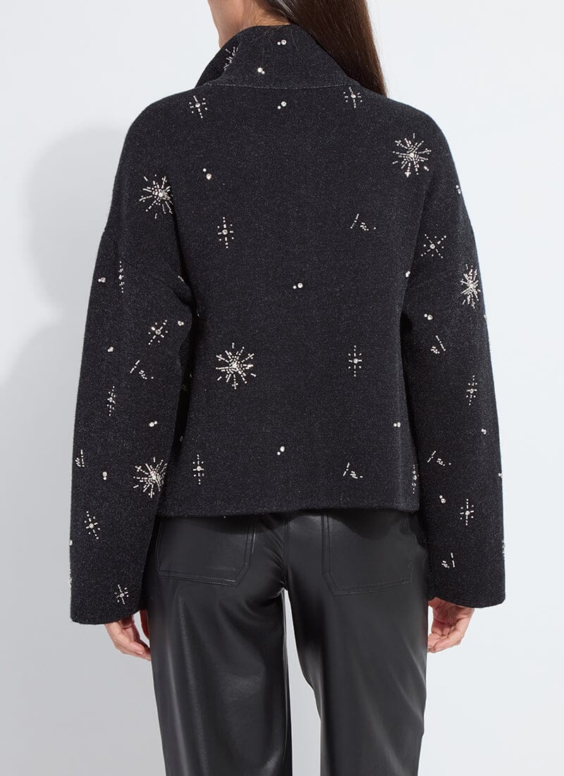 Side view of the Lysse Scottie embellished jacket in charcoal
