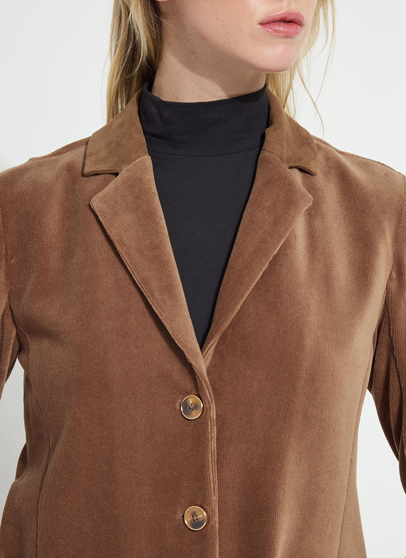 Lysse Tilda St Baby Cord Blazer in Antique Toffee, close-up of the notch lapel and buttons