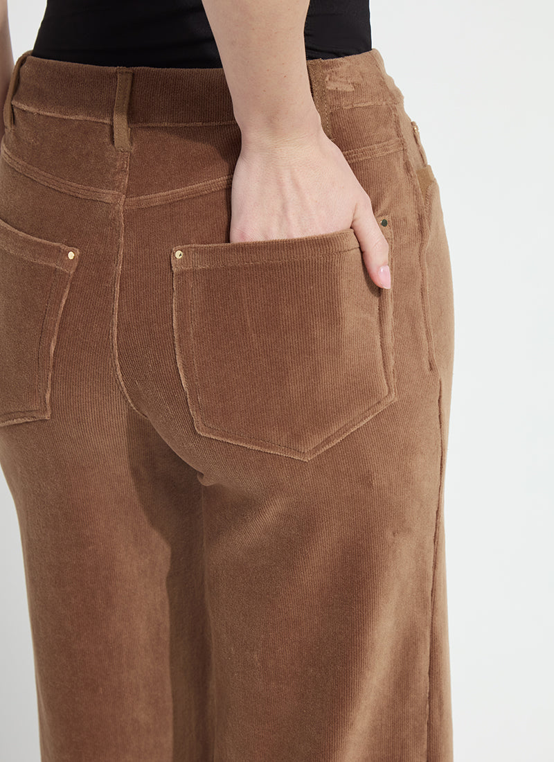 Lysse Tilda St Baby Cord Wide Leg Pant in Antique Toffee, close-up of the baby cord front pocket