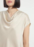 Lysse Yasmin Drape Neck Sleeveless Blouse in Travertine, close-up of the draped cowl neckline