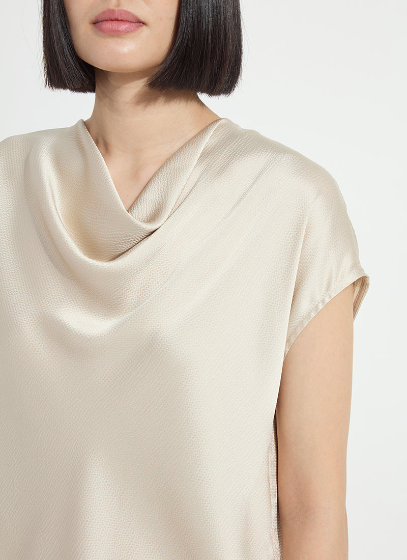 Lysse Yasmin Drape Neck Sleeveless Blouse in Travertine, close-up of the draped cowl neckline