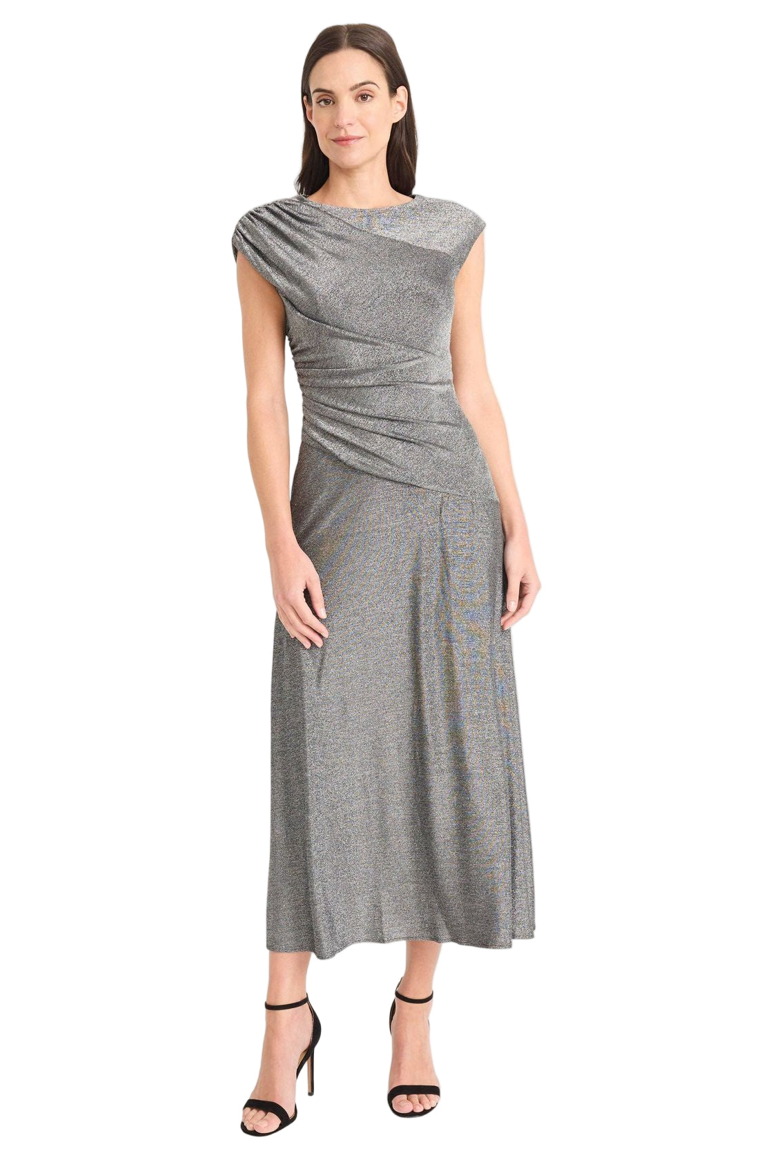 Maggy London Asymmetrical Midi Dress in silver metallic glitter knit, draped sheath with cap sleeves, front view