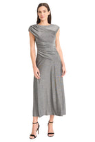 Maggy London Asymmetrical Midi Dress in silver metallic glitter knit, draped sheath with cap sleeves, front view