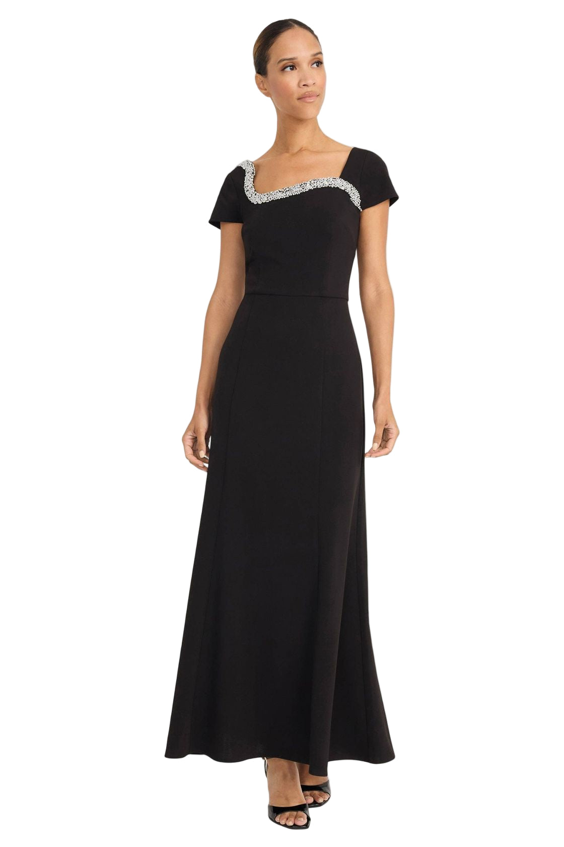 Maggy London Embellished Neckline Maxi in black, floor-length sheath gown with silver beaded asymmetrical neckline, front view